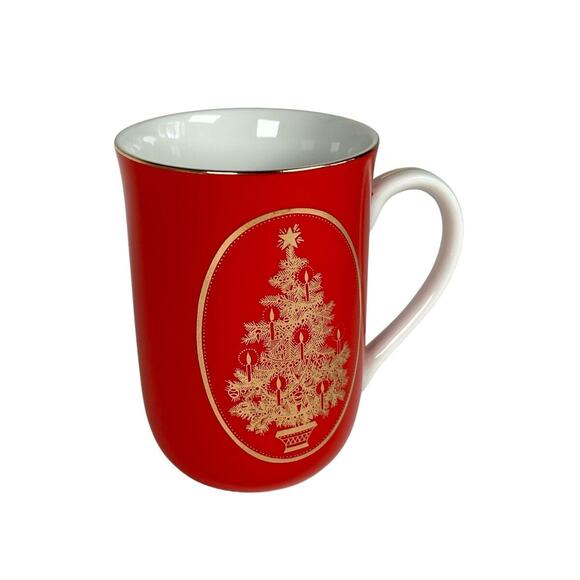 Otagiri Christmas Gibson Porcelain Cup Red Gold Tree Mug Holidays 4" Tall Japan - Picture 1 of 11